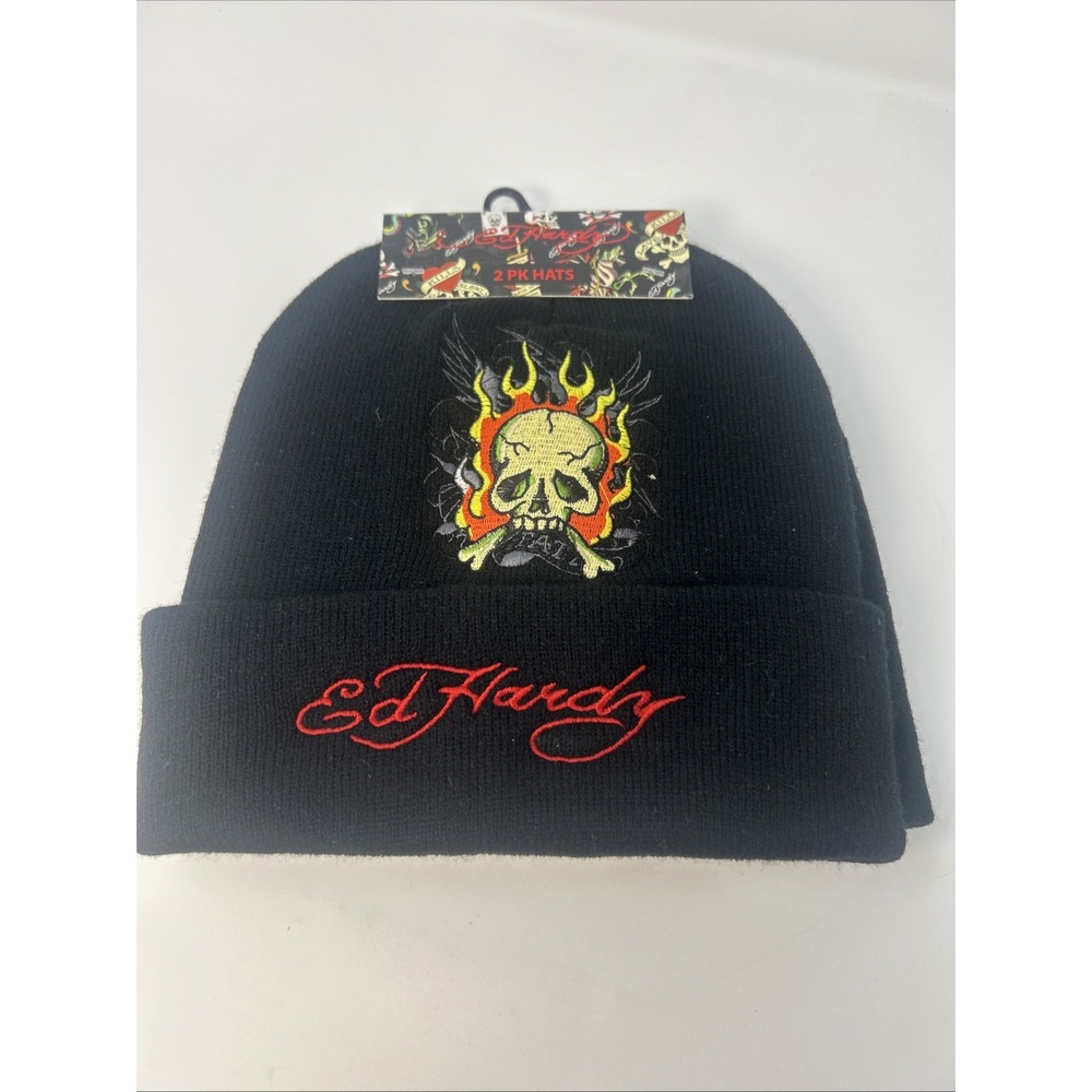 NWT Ed Hardy Beanie Hats Embroidered Skull & Signature & Gray Dragon 2 Pack Y2K